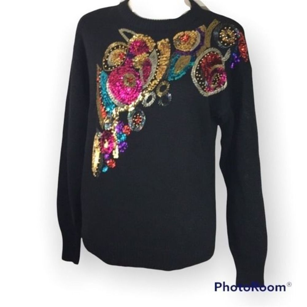 Vintage 80s/90s‎ Margules tunic sweater colored sequins and beads shoulder pads